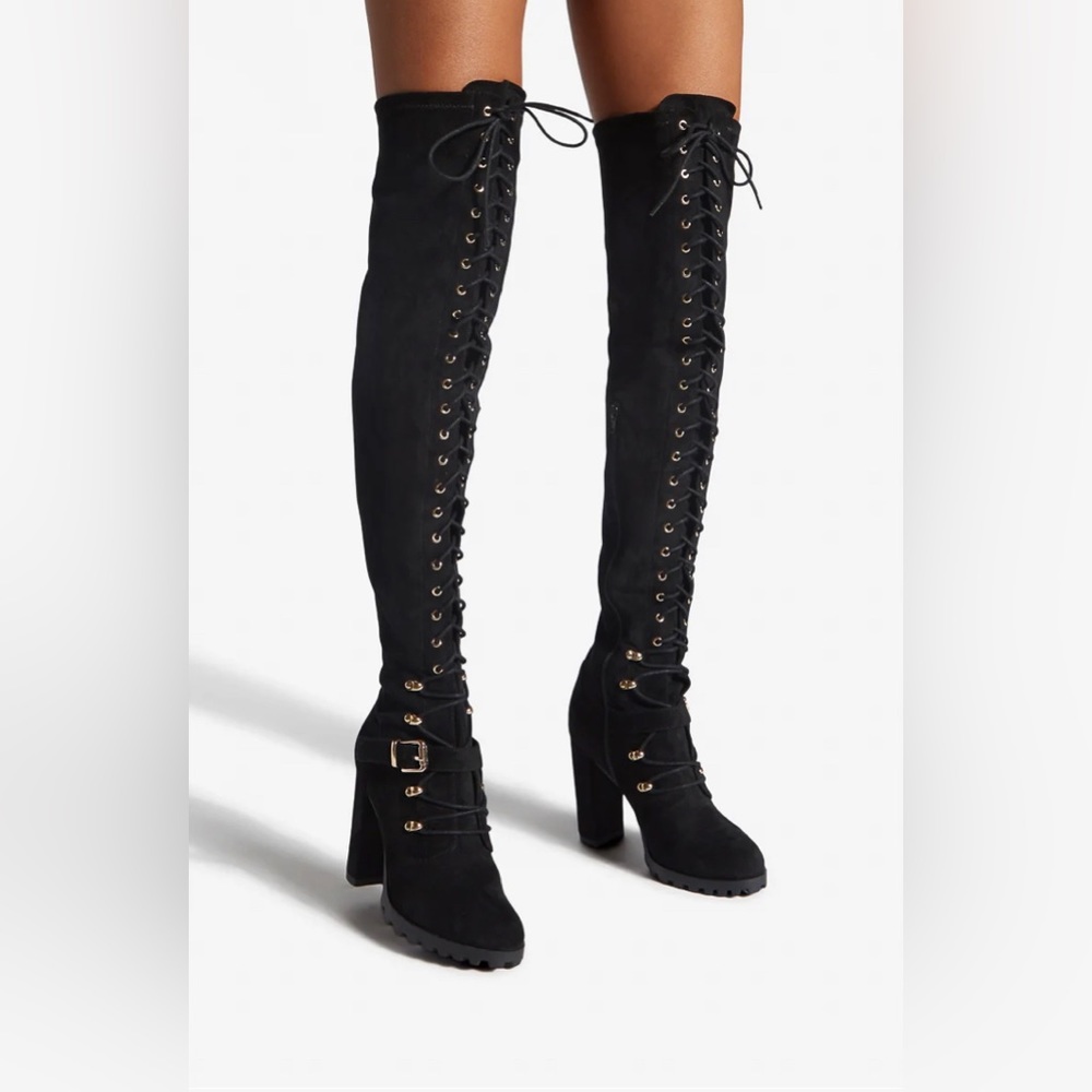 Tall Lace Up Block Heel Combat Boots in Black Micro 8 Wide Calf